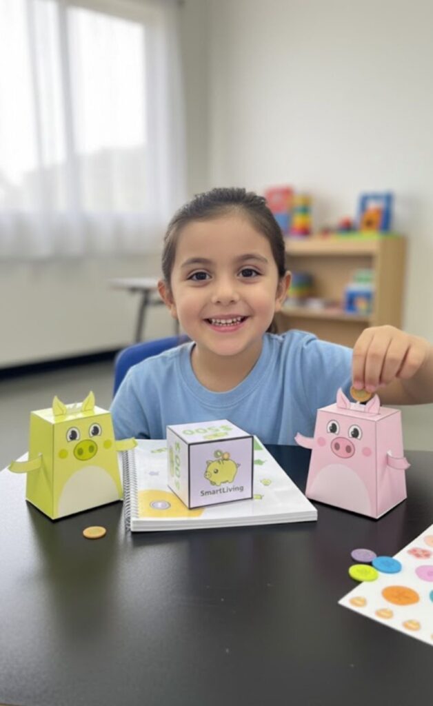 Niña aprendiendo a ahorrar, jugando con el Ebook o libro del ahorro SmartPig de SmartLiving